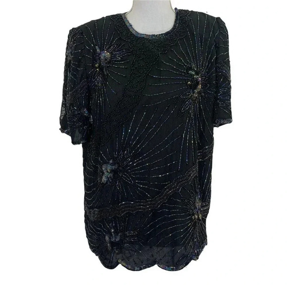 Black Silk Dominique Beaded 80s Evening Wear Blouse Short Sleeve Shoulder Pads M - Picture 1 of 8